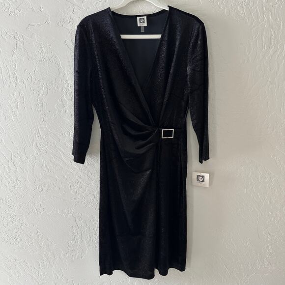 ANNE KLEIN | Long Sleeve Faux Wrap Dress Women's NEW Size 12 Black Shimmer Disco - Picture 8 of 13